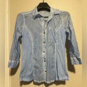 Stonewashed Blue 3/4 sleeve thin button up blouse-size maybe L (c measurements)